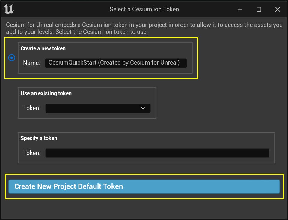 A screenshot showing the "Create a new token" section and the "Create New Project Default Token" button on the Token panel.