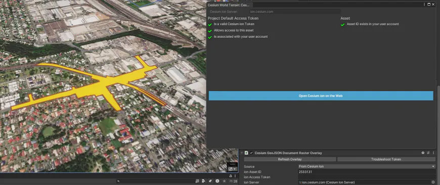 An ion Token Troubleshooting window, opened for a GeoJSON footprint draped on Cesium World Terrain.