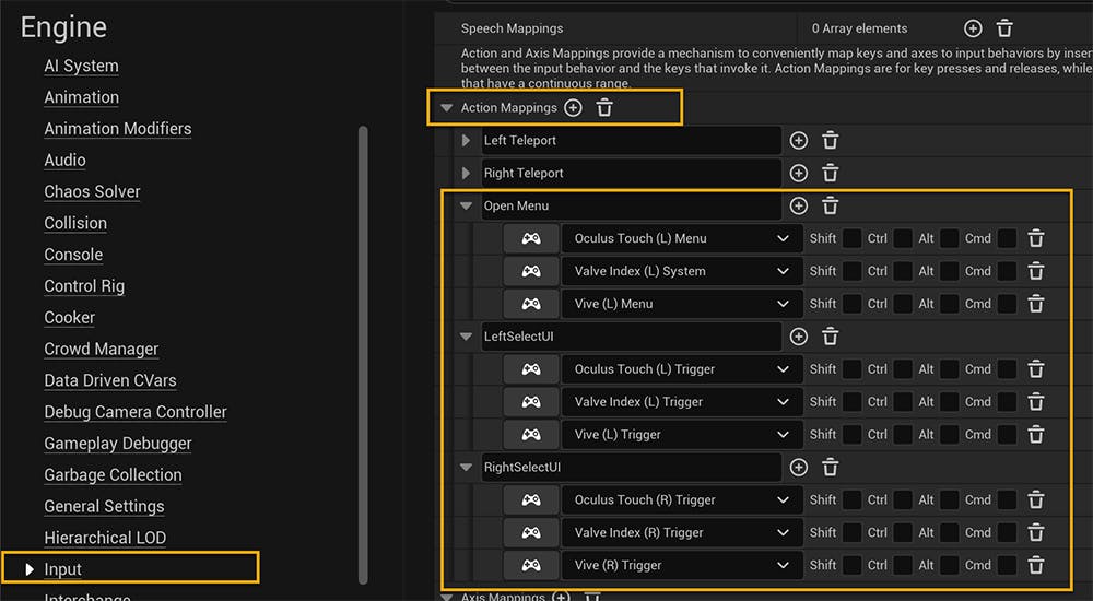 Input settings for opening the menu.