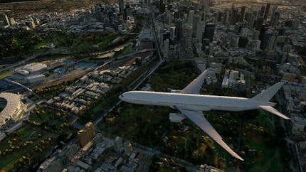 3D rendering of a commercial airplane flying above Houston, Texas