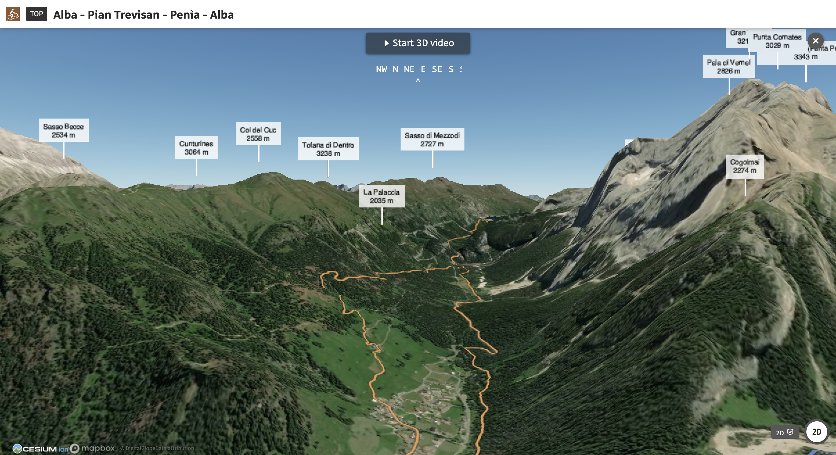 Cycling route near Alba, Italy, from Outdooractive shown in CesiumJS