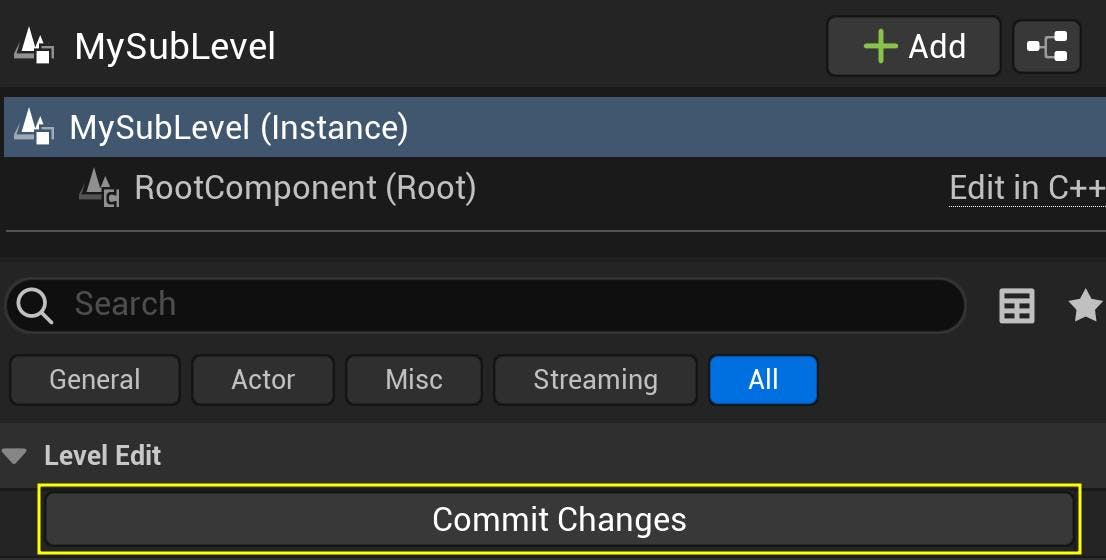 Cesium for Unreal tutorial: Upgrade to 2.0 Guide. Commit Changes button highlighted under LevelInstance details.