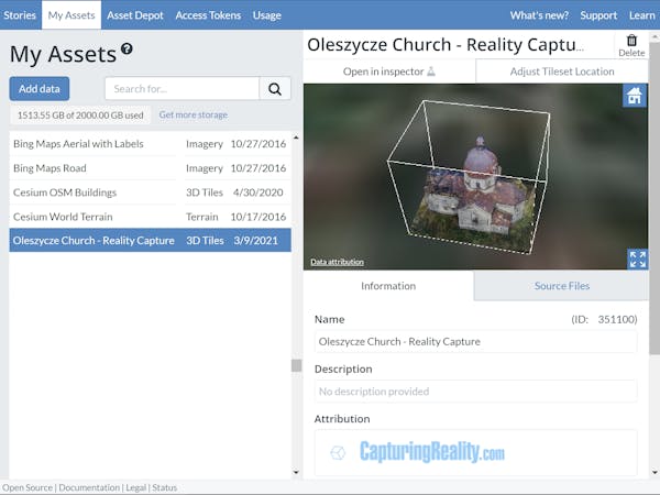 Screenshot of the Cesium ion user interface showing how data assets are listed and displayed in preview. 