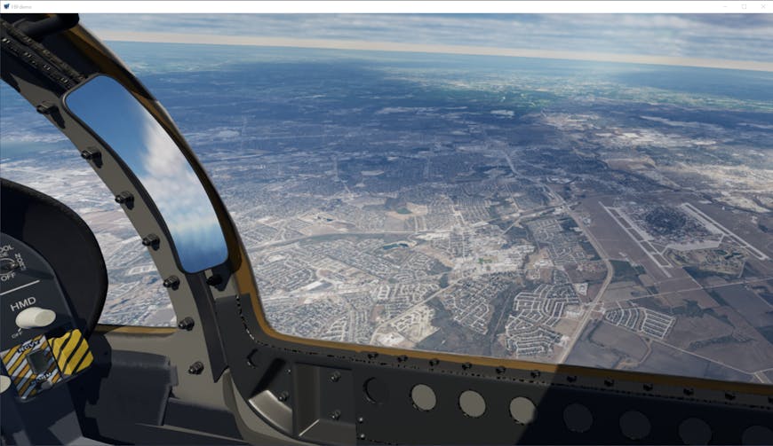 XR flight simulator over Randolph AFB, Texas, using Cesium for Unreal and Cesium ion. The student sees Randolph AFB out the window of the aircraft, with landing strips, roads, fields, buildings, and the sky visible.