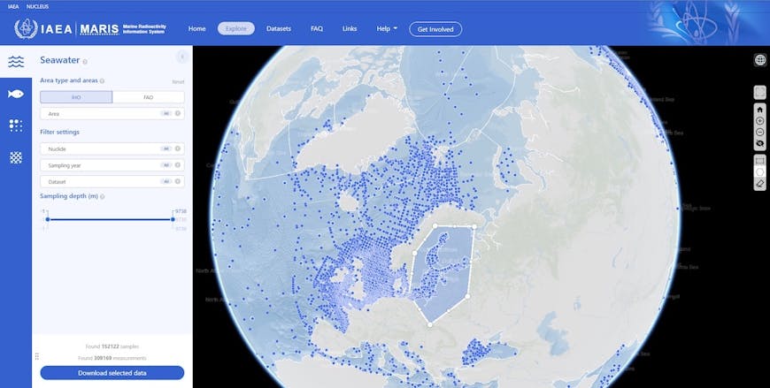 A screenshot of the Maris web site, showing the globe with blue dots in water to represent locations of seawater samples, and a form for filtering what's displayed. An irregular shape covering part of northern Europe has been selected by the user. 
