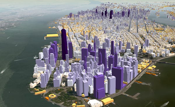 1.1 million Manhattan buildings colored by height at runtime in CesiumJS.