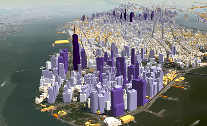 1.1 million Manhattan buildings colored by height at runtime in CesiumJS.