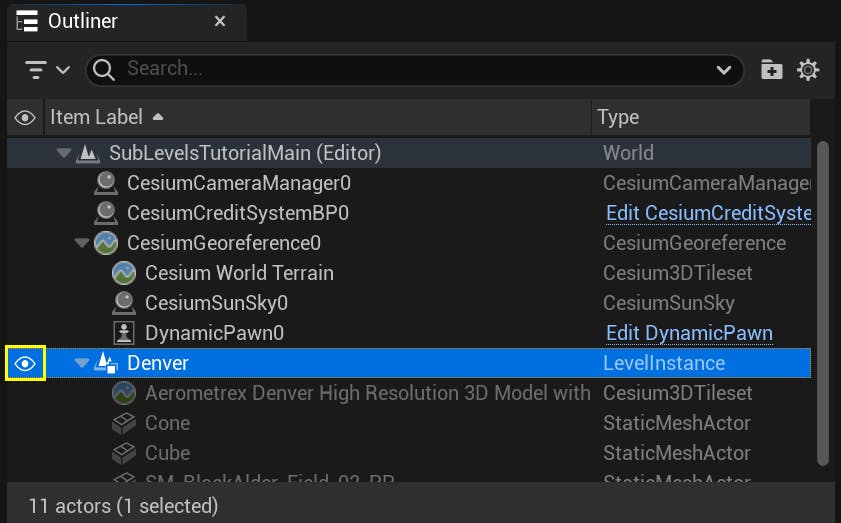 A screenshot showing the location of the "eye" icon in the Outliner used to diable the Denver sub-level.