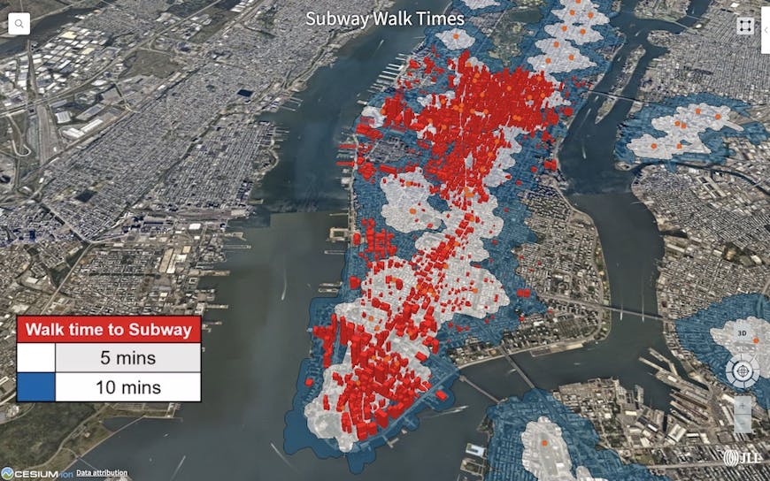 3D buildings in Manhattan colored by walk time to subway