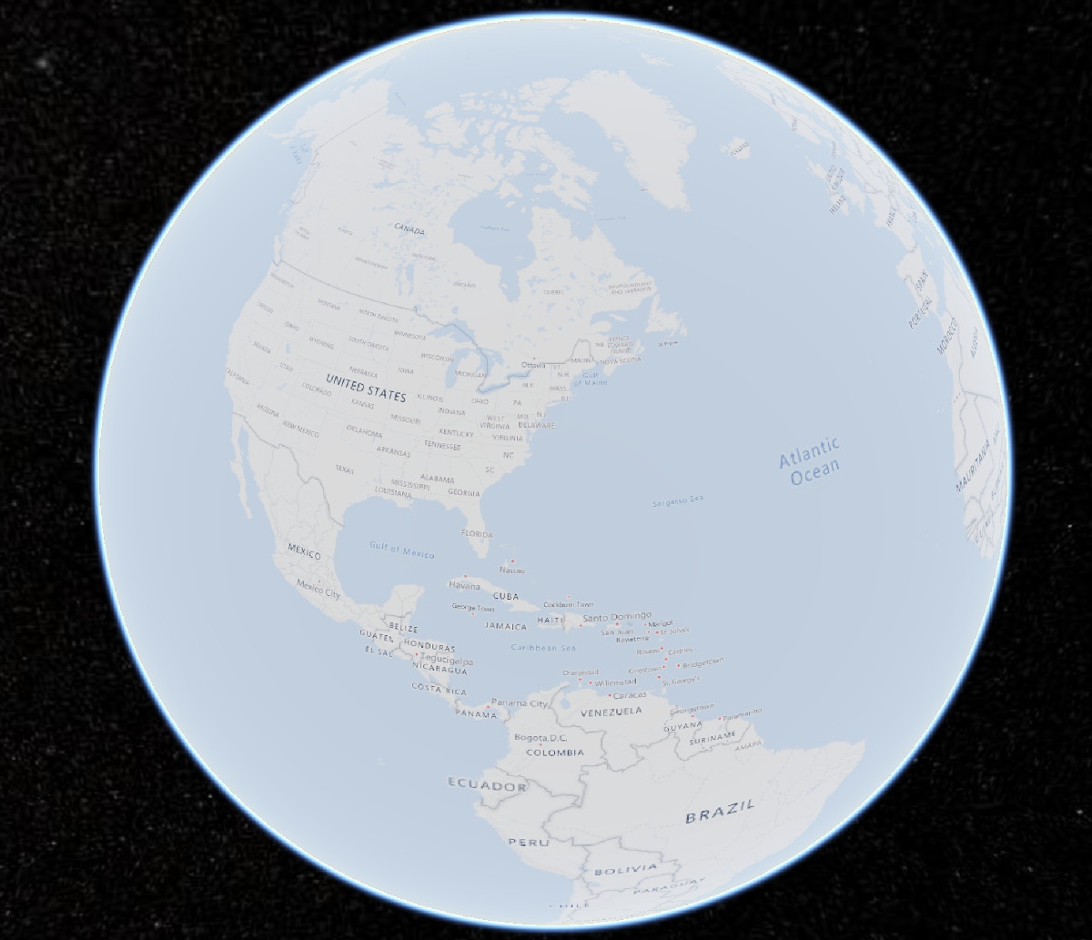 A globe with labeled countries