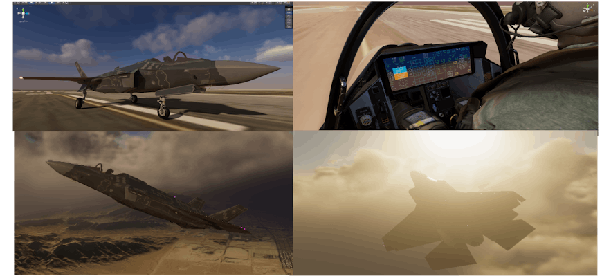 Four rectangular images of an aviation simulation in Cesium for Unity: F-35 on the runway in the top left, view inside an F-35 cockpit in the top right, F-35 climbing in elevation in bottom left, and F-35 soaring in the clouds with sun shining in bottom right.