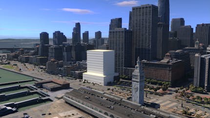 Cesium for Omniverse McNeel Rhino tutorial: Conceptual building in San Francisco, exported from McNeel Rhino and georeferenced onto Aerometrex San Francisco high-resolution photogrammetry.
