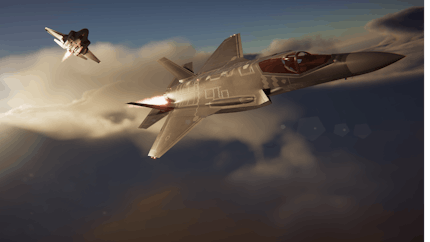 Two F-35 fighter jets flying above clouds in Cesium for Unity aviation simulation