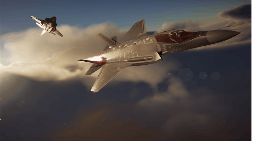 Two F-35 fighter jets flying above clouds in Cesium for Unity aviation simulation