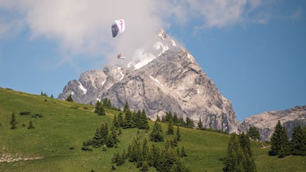 Paraglider in Alps in RedBull X-Alps