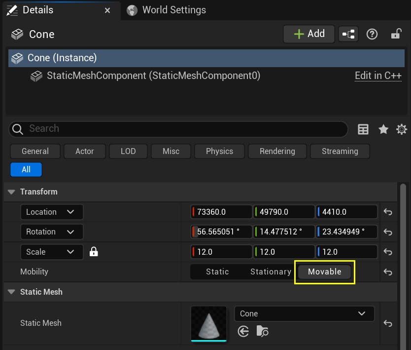 A screenshot showing the Mobility set to Movable on an Actor's Details panel.
