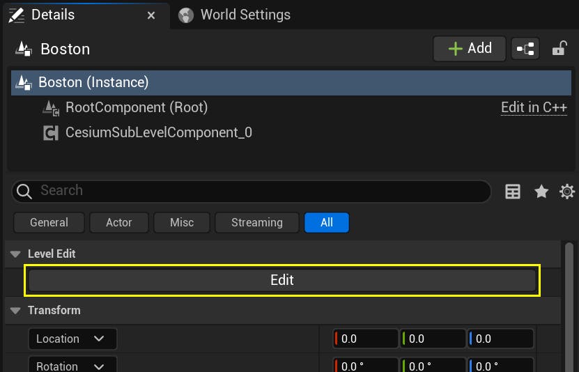 A screenshot showing the Boston level instance's Edit button.