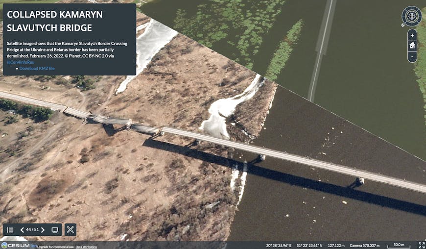 Satellite image of collapsed bridge in Ukraine