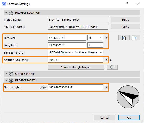 Cesium for Omniverse Graphisoft Archicad tutorial: Copy the Latitude, Longitude, Altitude, and North Angle values into a text editor for later use.