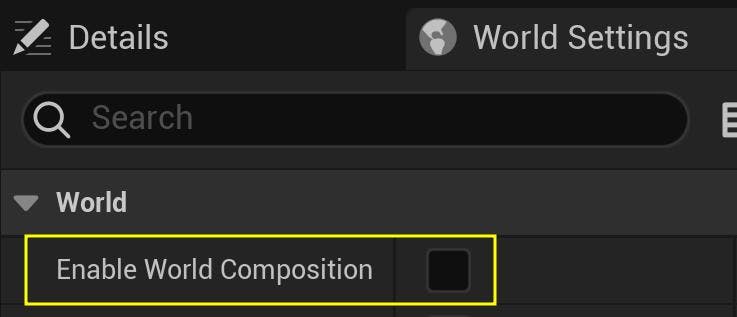 Cesium for Unreal tutorial: Upgrade to 2.0 Guide. The Enable World Composition setting under World Settings.
