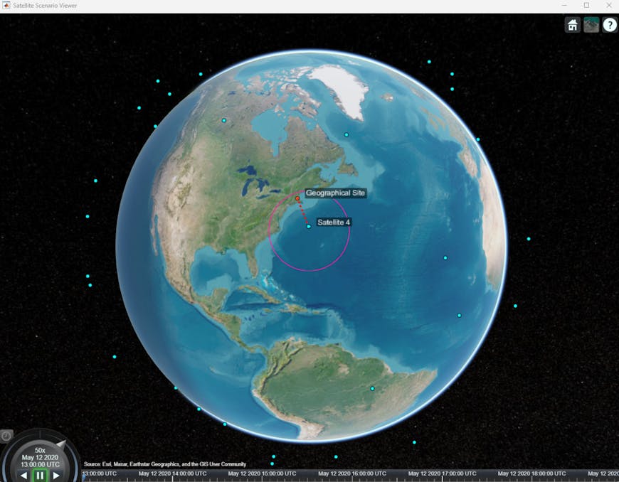 Satellite communications visualized with MathWorks Satellite Scenario Viewer