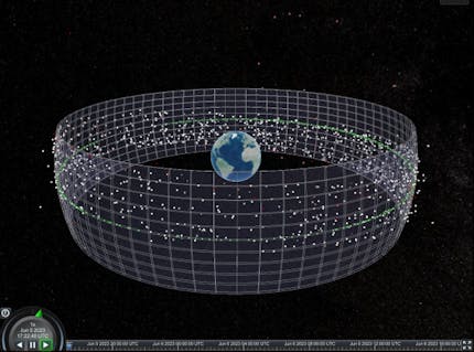 Geostationary satellites and the geoprotection zone visualized as a geometry in DigitalArsenal's OrbPro.