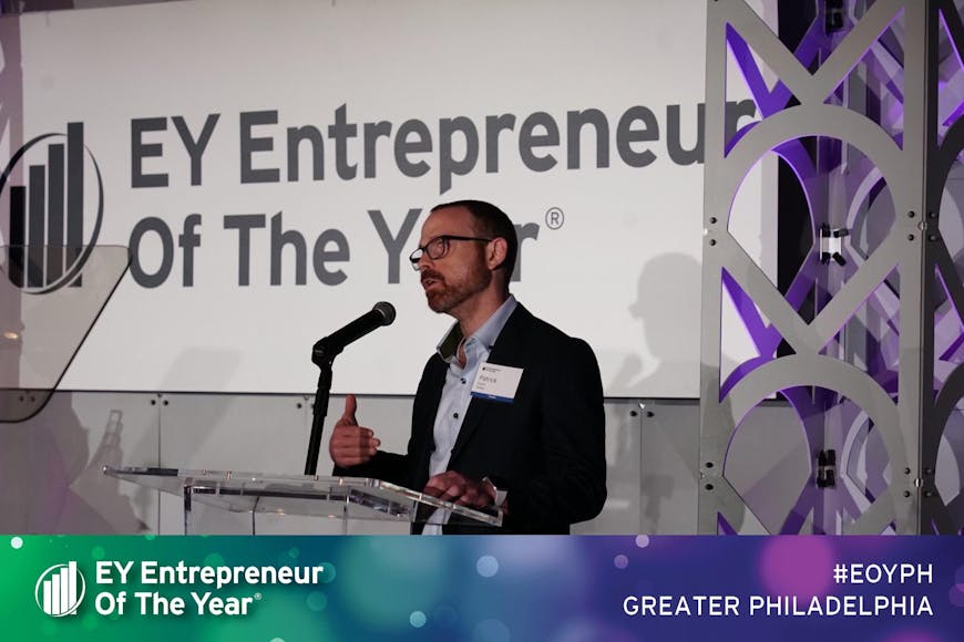 Cesium CEO Patrick Cozzi accepts his EY Entrepreneur of the Year Greater Philadelphia 2023 award. 