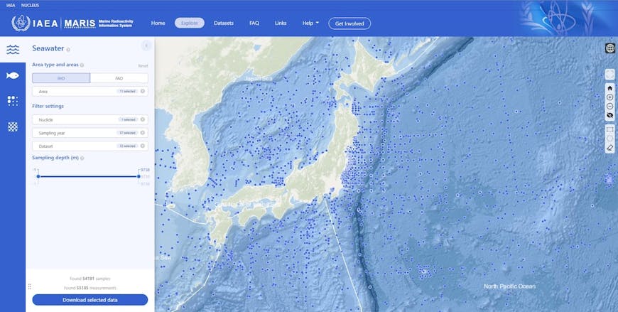 A screenshot of the Maris web site, zoomed in on Japan with blue dots in water to represent locations of seawater samples, and a form for filtering what's displayed. An irregular shape covering part of northern Europe has been selected by the user. 