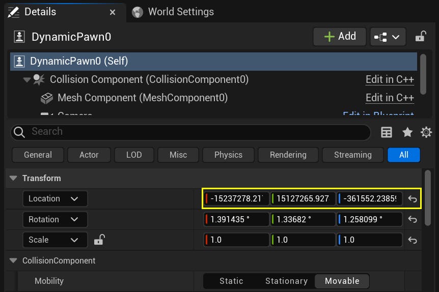 A screenshot showing the user interface to edit the position of the Dynamic Pawn.