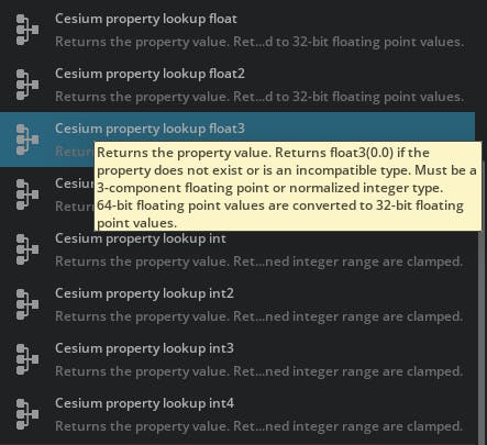 Cesium for Omniverse: Style by Properties. Hover over the corresponding nodes in the material graph to view more information about the data types each one supports.