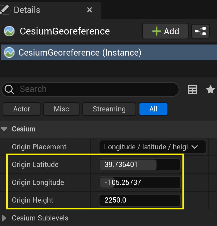 Click on the CesiumGeoreference actor in the World Outliner. In the Details panel, look for the Latitude, Longitude, and Height variables under the Cesium category.