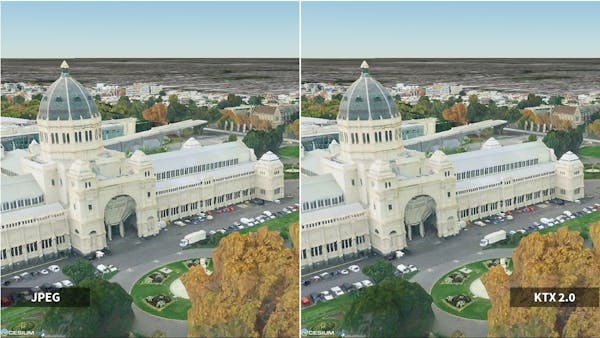 Visual comparison between 3D Tiles 1.1 tilesets using JPEG (Left) and KTX 2.0 (Right). Visual quality is preserved when using KTX 2.0 compression.