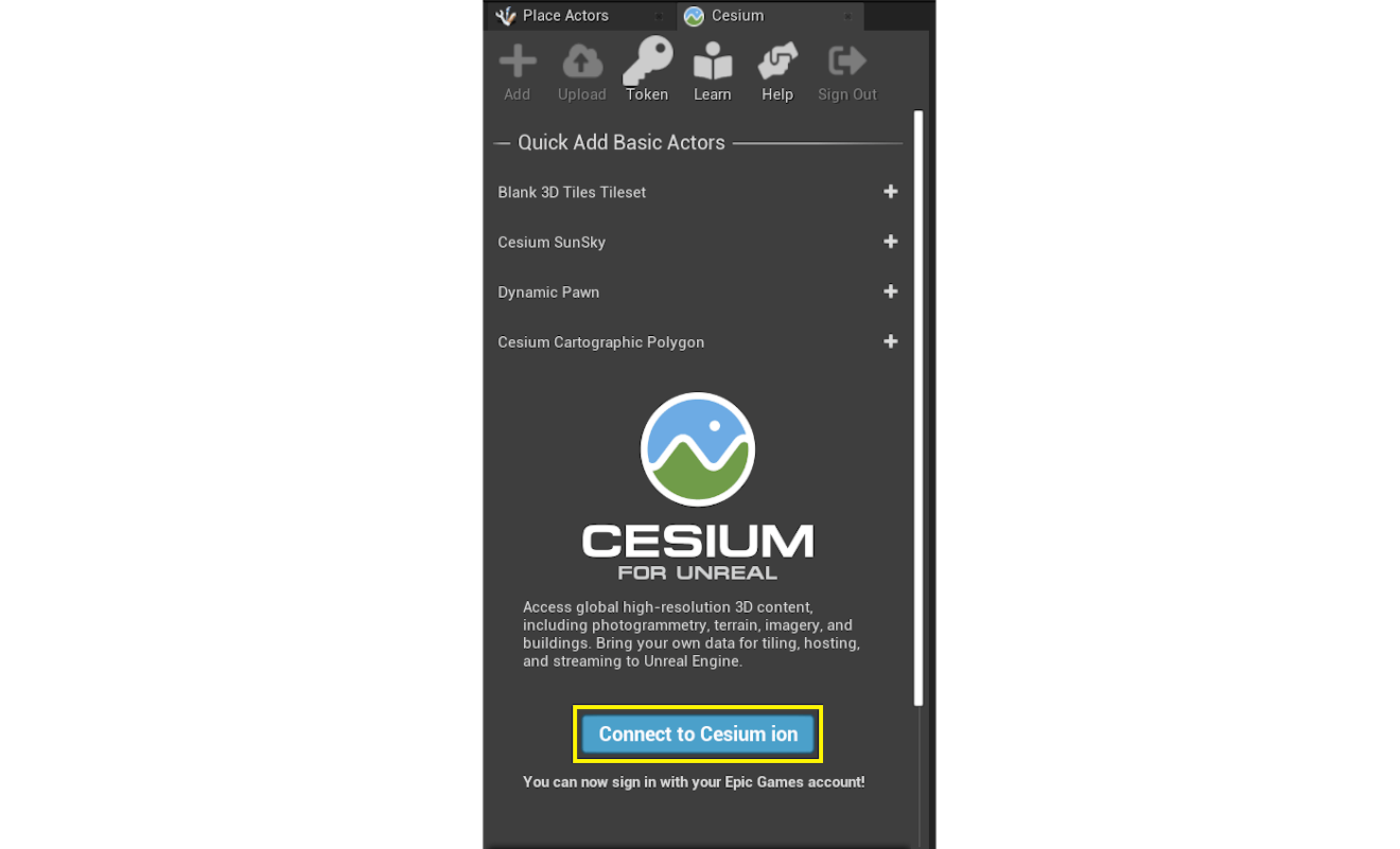 Cesium for Unreal tutorial: In the Cesium panel, click on the Connect to Cesium ion button.