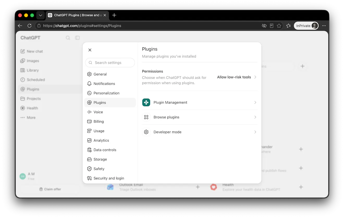 Settings for ChatGPT plugin management