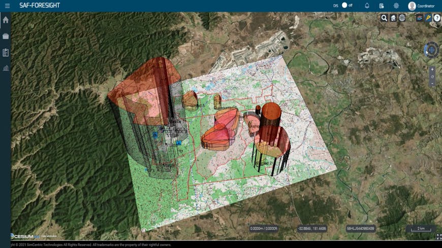3D range danger area templates with various distances, angles, and heights on accurate terrain shown in SAF-Foresight app
