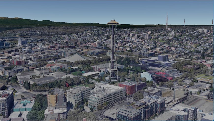 osgEarth rendering the Space Needle in Seattle, Washington, USA, from Photorealistic 3D Tiles using Cesium Native. Courtesy Pelican Mapping.