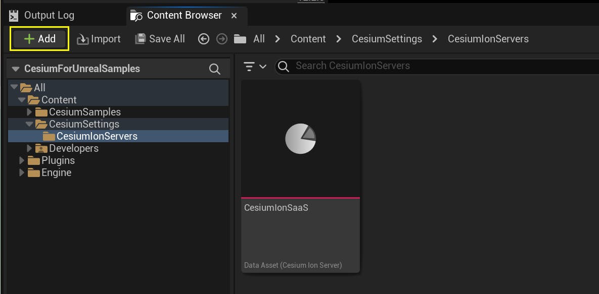 A screenshot of the Unreal Content Browser opened on the CesiumIonServers folder and with the Add button highlighted.