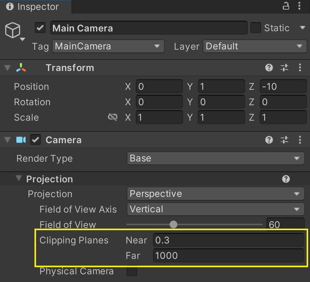 Select the Main Camera from the Hierarchy window, and find the Camera settings in the Inspector.