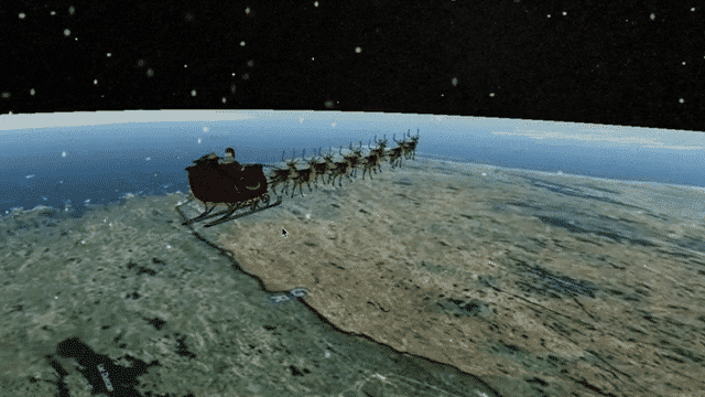 NORAD Tracks Santa app, powered by CesiumJS. Santa and his reindeer fly over Earth. Snow is falling, and the sky is dark.