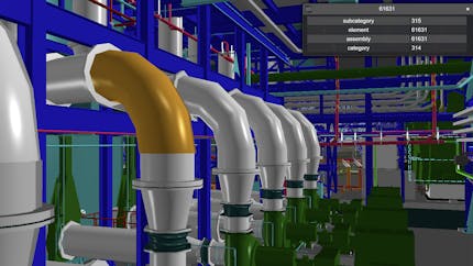 Colorful 3D model of factory interior with lots of pipes and fittings and a panel metadata for an item highlighted in orange