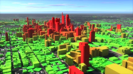 Cesium for Omniverse: Style by Properties. Philadelphia, PA, USA. Buildings are on a spectrum of green to red.