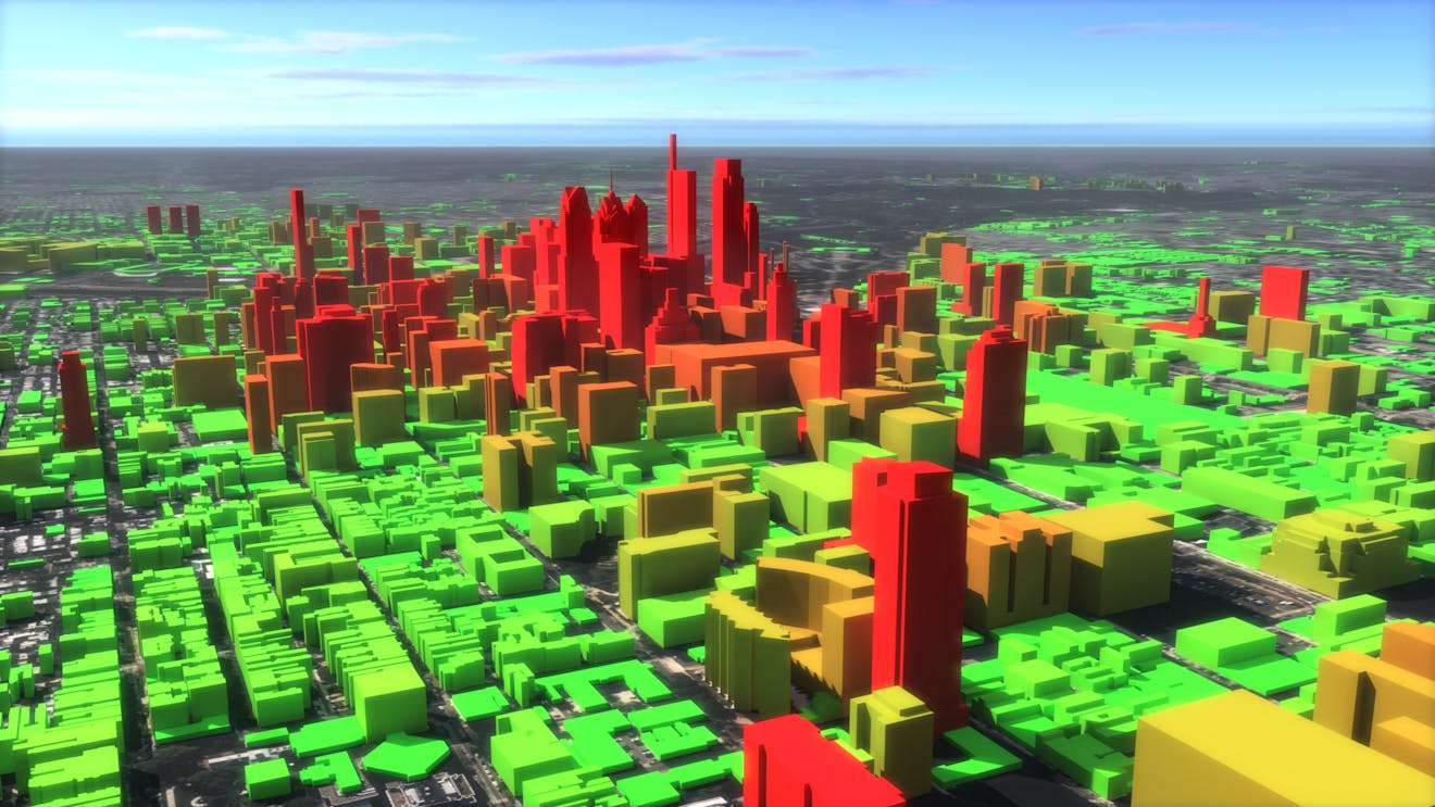 Cesium for Omniverse: Style by Properties. Philadelphia, PA, USA. Buildings are on a spectrum of green to red.