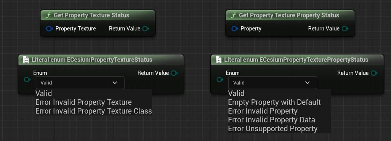 Cesium for Unreal tutorial: Upgrade to 2.0 Guide.  All possible values for ECesiumPropertyTextureStatus and ECesiumPropertyTexturePropertyStatus.