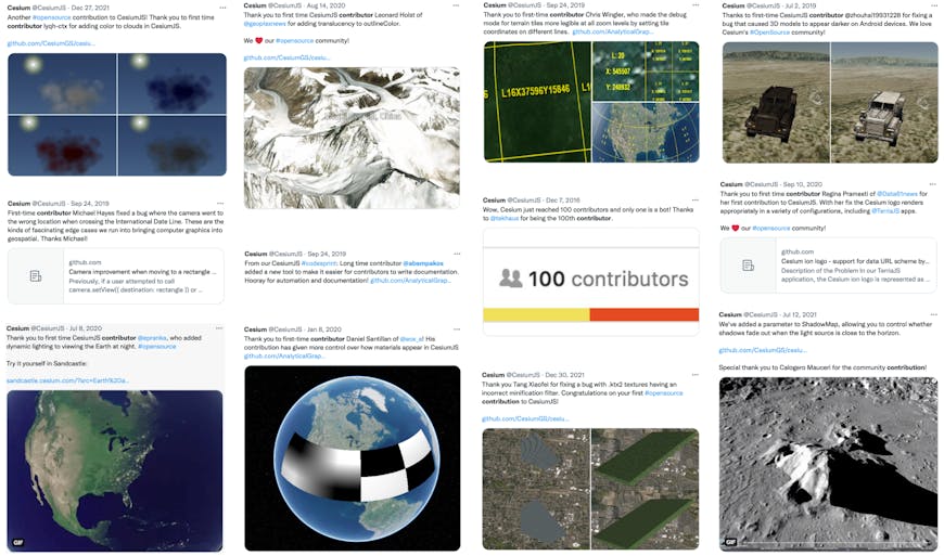 Tweets recognizing community contributions to CesiumJS