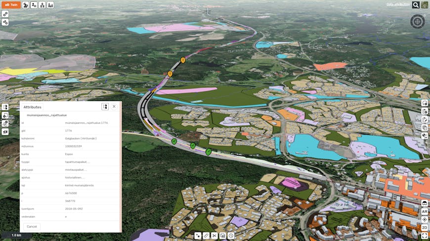 Project information model showing areas of development in a city, including roads, buildings, and landscaping.