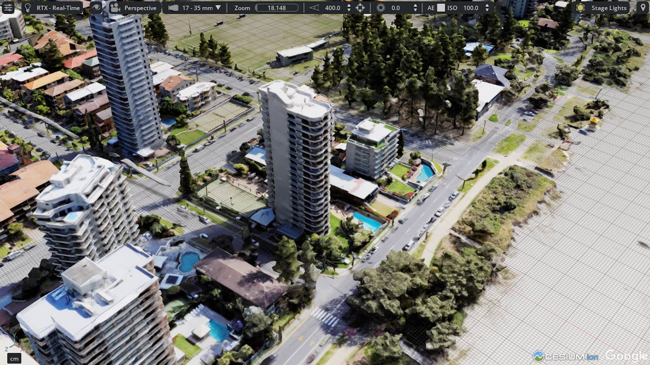 Cesium for Omniverse tutorial: tileset clipping.  An area on the Gold Coast, Australia, should load. Zoom out until you can see several buildings.