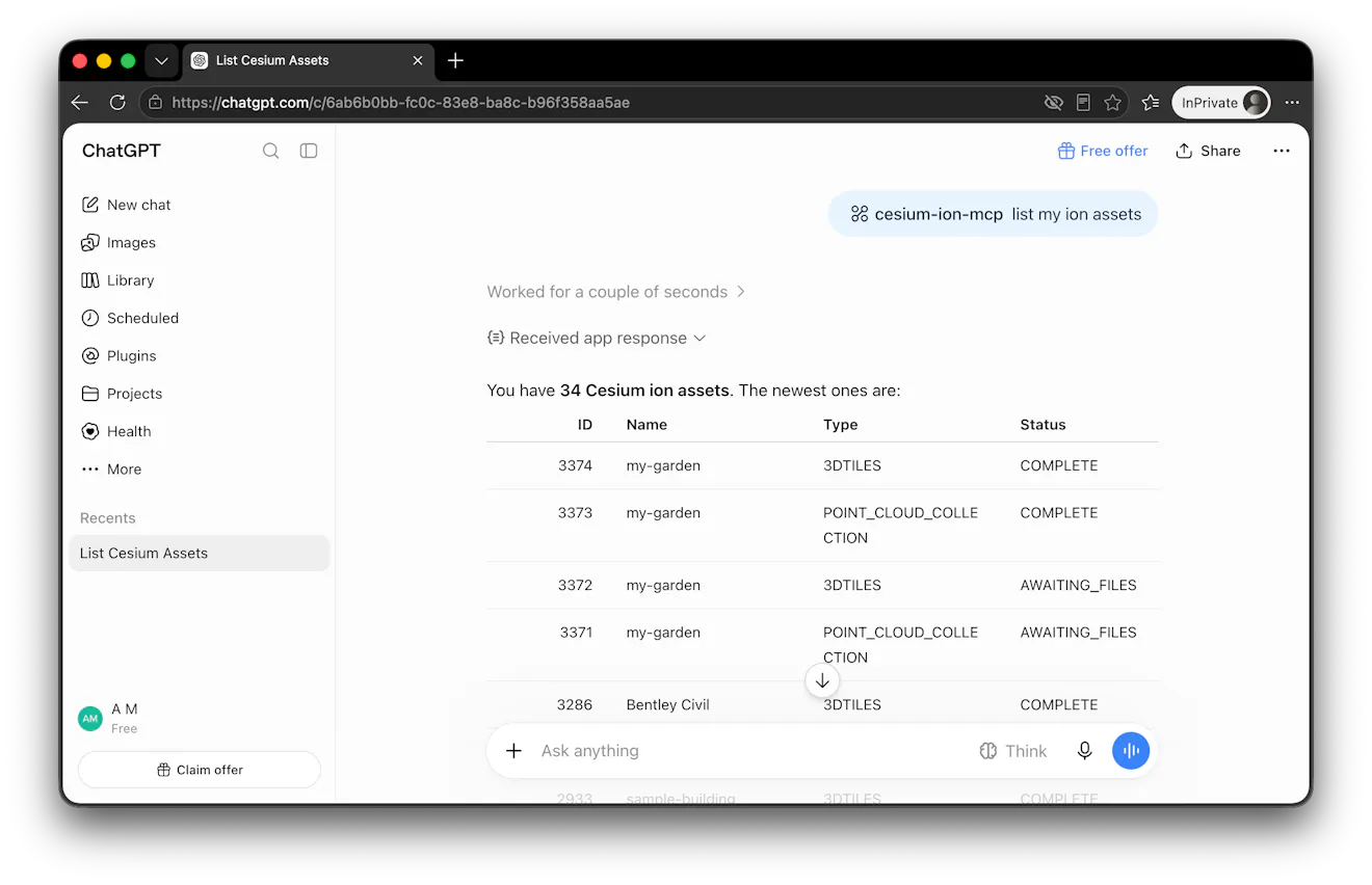 Cesium ion access to MCP server through ChatGPT