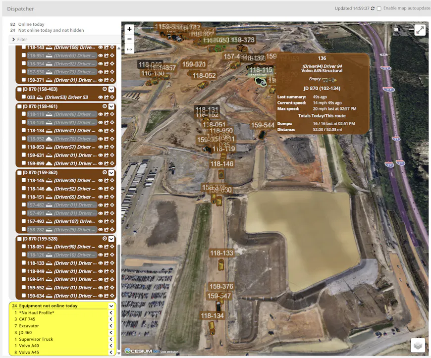 Aerial view of earthworks site with vehicle status information boxes