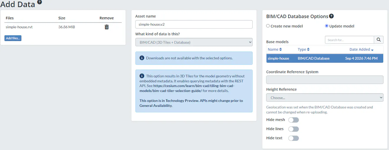 The "Add Data" page in Cesium ion, with "Update model" selected under "BIM/CAD Database Options."