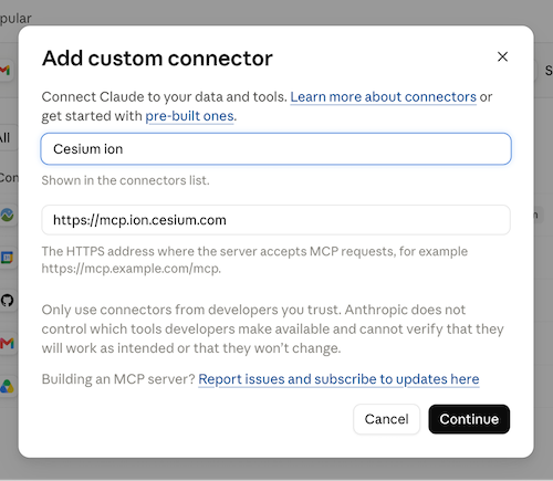UI box for adding a custom connector to Claude